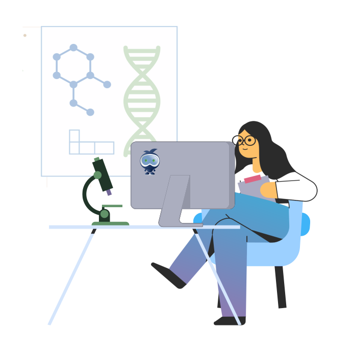 A researcer in front of a monitor, with a DNA symbol in the background